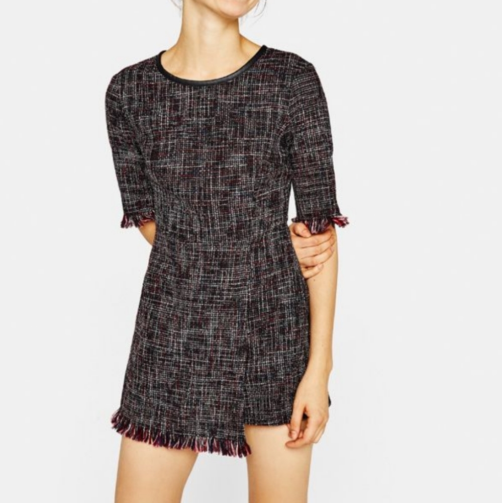 BERSHKA TWEED ROMPER DRESS HALF SLEEVE ROUND NECK SMALL
